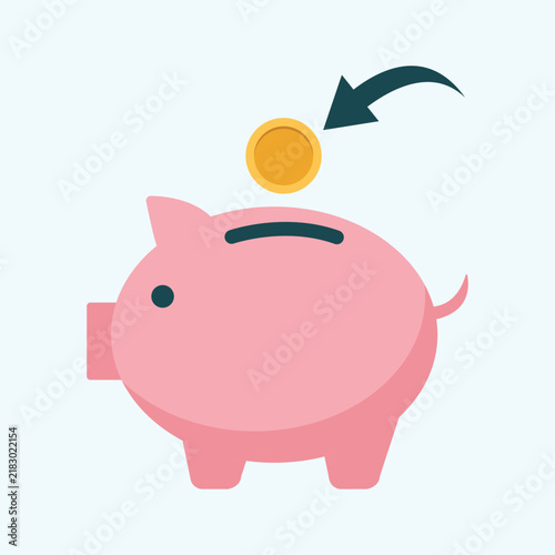 Piggy bank vector illustration with a gold coin falling into the slot, saving money and financial investment concept isolated on white background.