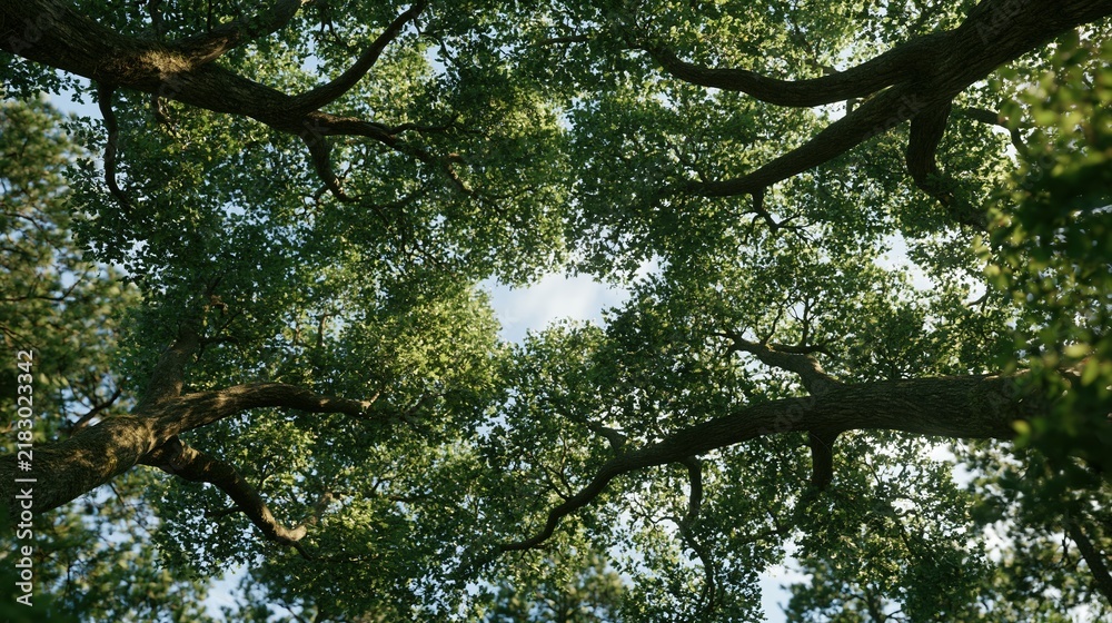 Fototapeta premium Green tree canopy viewed from below against blue