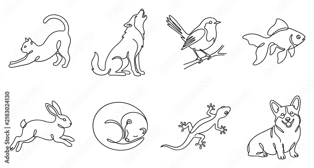 Obraz premium Collection of hand drawn linear animals icons set.