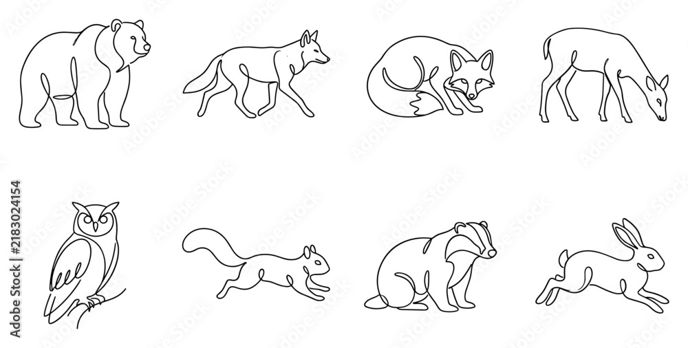 Obraz premium line art illustration of various forest animals including bear wolf fox deer owl squirrel badger and hare.