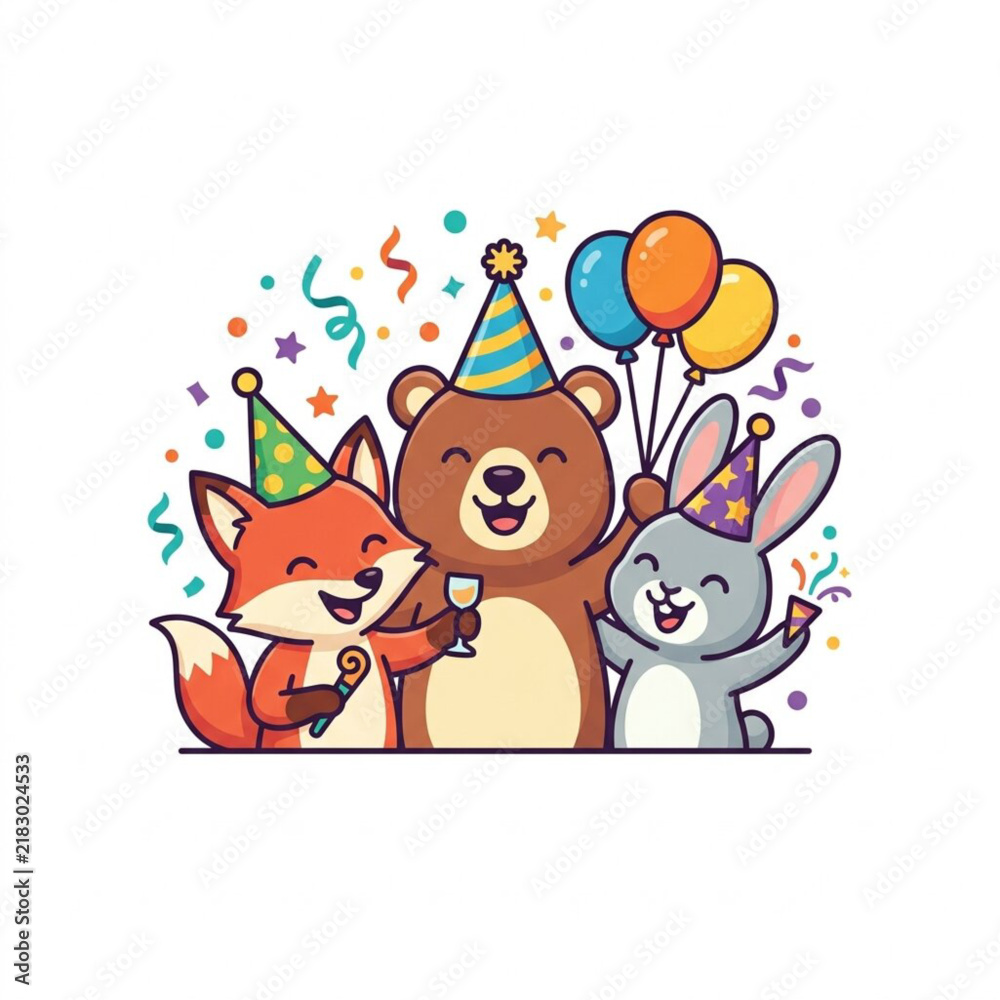 Fototapeta premium Cute Animal Friends Celebrating a Joyful Birthday Party with Colorful Balloons and Confetti Vector Illustration