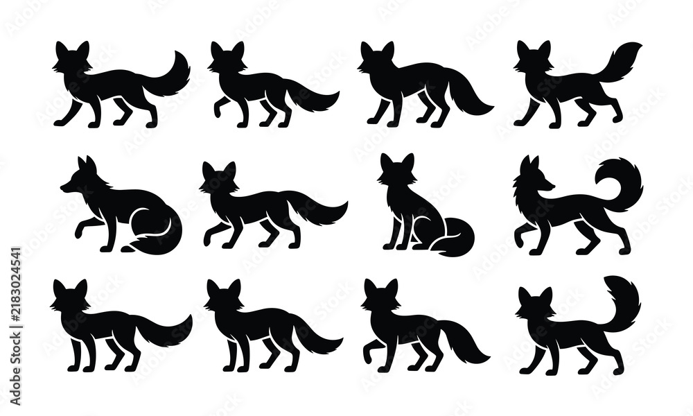 Fototapeta premium Fox silhouette collection black icons set for design projects.