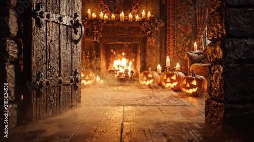 Glowing jack o lanterns inside dark gothic mansion room revealed in this spooky video motion clip