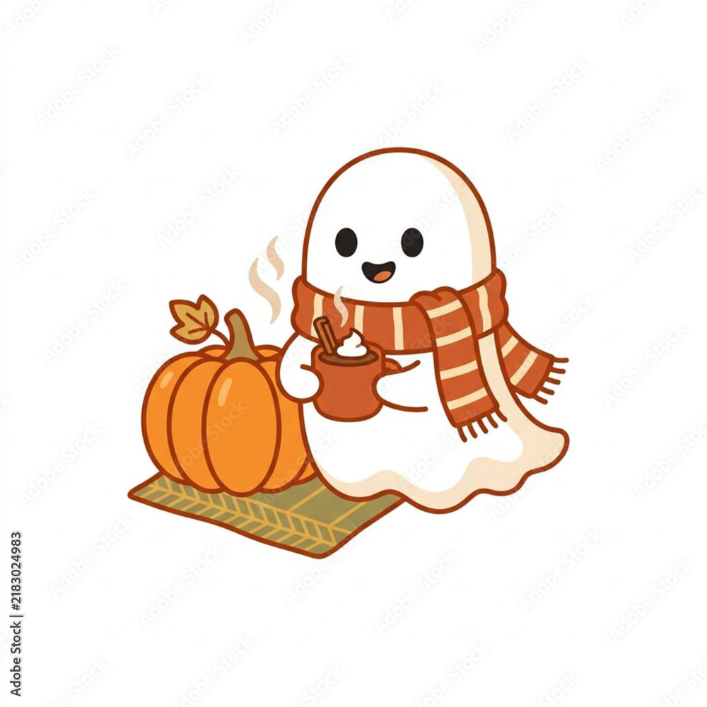 Naklejka premium Cute Cartoon Ghost Wearing a Cozy Scarf Holding a Steaming Pumpkin Spice Drink Beside an Orange Pumpkin for Autumn Season Celebration
