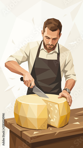 Man cutting large cheese wheel, artisan food preparation, geometric low poly style