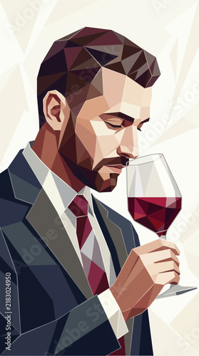 Man in suit smelling red wine in glass, geometric low poly art illustration