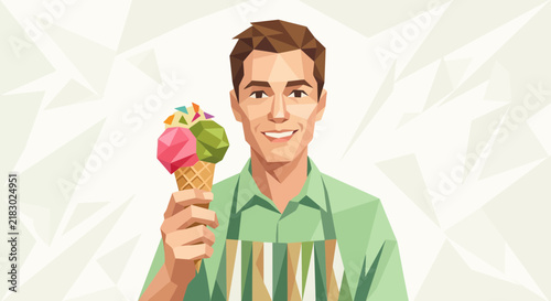 Man holding ice cream cone, low poly illustration