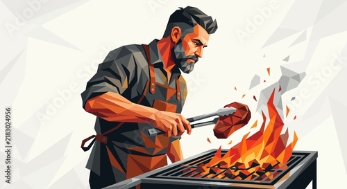 Man grilling steak on barbecue, modern geometric style