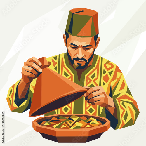 Man in traditional clothing opening a tajine dish