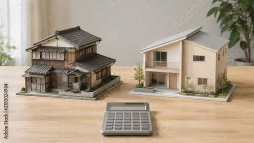 Fototapeta 古い家と新築の住宅模型比較素材