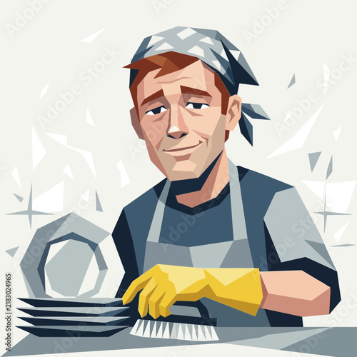 Man washing dishes with brush, wearing apron and bandana