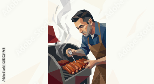 Man grilling ribs on barbecue grill, low poly art style