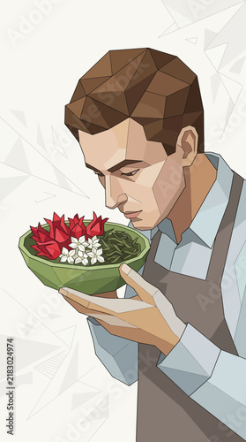 Man smelling bowl of herbs and flowers, polygonal art style