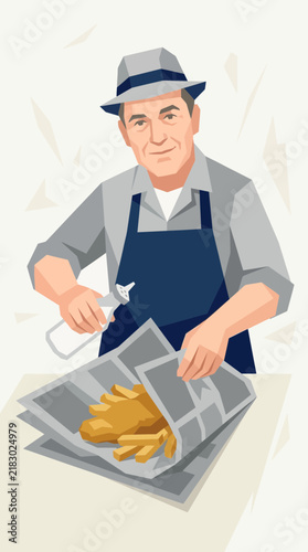 Man in Hat Serving Fries in Newspaper