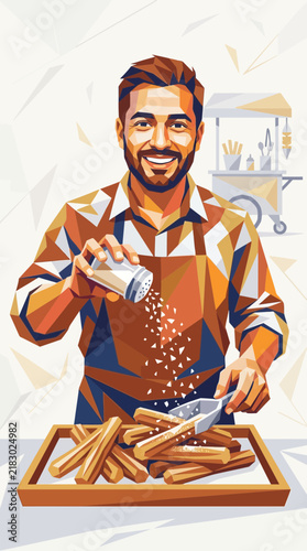 Man salting french fries from a cart, geometric art style