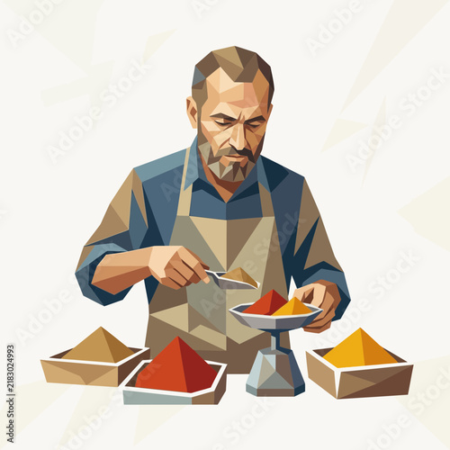 Man weighing colorful spices at market stall