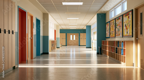 Bright Elementary School Hallway With Colorful Storage Cubbies