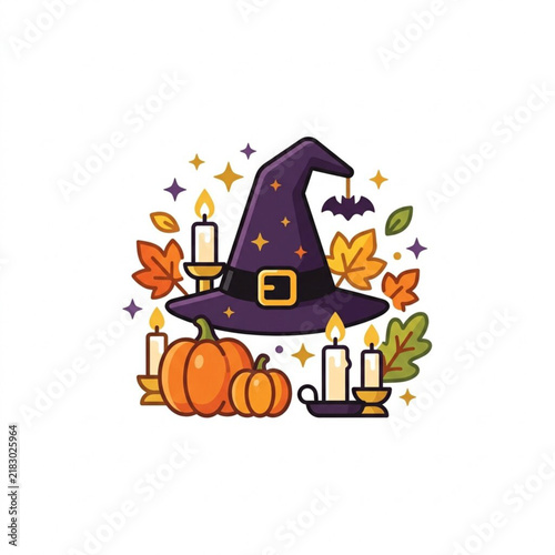 Festive Halloween Witch Hat Illustration with Autumn Pumpkins Candles and Fall Foliage for Seasonal Holiday Decoration