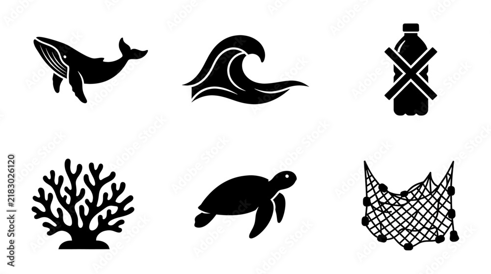 Fototapeta premium Set of six black icons representing ocean life