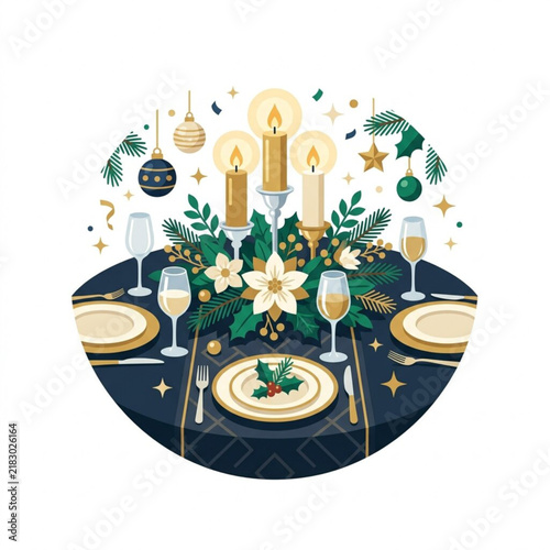 Elegant Festive Dinner Table Setting Illustration Featuring Glowing Candles and Holiday Ornaments for Christmas Seasonal Celebration Decor