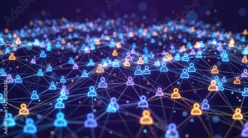Abstract digital human network connection with glowing user icons and mesh lines background