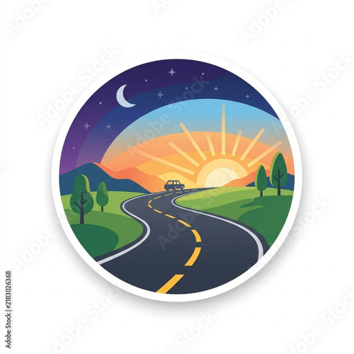 Scenic Winding Road Journey Through A Changing Landscape During A Vibrant Sunrise And Moonlit Night Transition Circular Vector Illustration