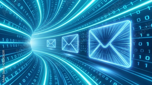 Abstract blue digital data tunnel with email envelope icons and binary code concept of fast internet communication