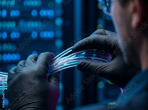Close-up of a Professional Network Engineer Handling Fiber Optic Cables in a High-Tech Modern Data Center with Cinematic Blue Lighting