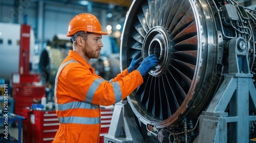 Large jet engine being repaired by a professional aircraft mechanic wearing a hardhat and orange jumpsuit in a factory