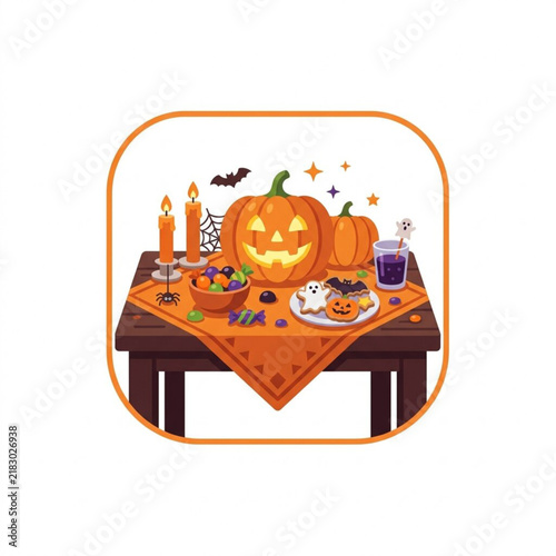 Festive Halloween Celebration Table Featuring Jack O Lantern Pumpkins Decorated With Sweet Treats Candles And Spooky Seasonal Party Decorations