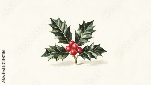 Antique illustration depicting a sprig of holly with vibrant red berries and deep green leaves