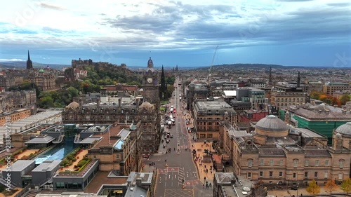 Beautiful Aerial View of The Balmoral and Princes Street in Edinburgh, Scotland
