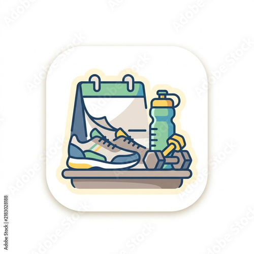 Flat Vector Icon Depicting a Healthy Daily Fitness Routine Featuring Running Shoes Exercise Dumbbells and a Hydration Bottle on a Calendar