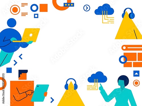 Technology Presentation Background With People, Laptop, Smartphone, Tablet and Digital Symbols, Clean White Space for Modern Business Slides