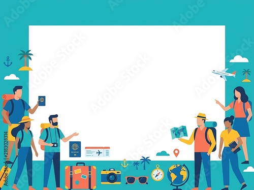 Travel Presentation Background With Travelers, Suitcase, Passport, Camera and Vacation Objects, Colorful Illustration With Clean White Space for Slides