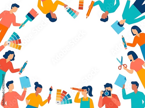 Creative Design Presentation Background With People, Paint Brushes, Pencils, Camera and Colorful Art Supplies, Clean White Space for Visual Projects