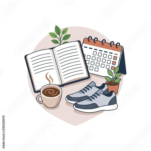 Daily Routine Planning Concept Featuring an Open Journal Cup of Coffee Sports Shoes and a Calendar for Organization and Healthy Lifestyle Management