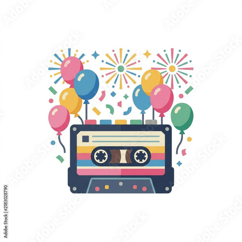 Retro Cassette Tape Party Celebration Illustration with Colorful Balloons and Festive Fireworks Confetti
