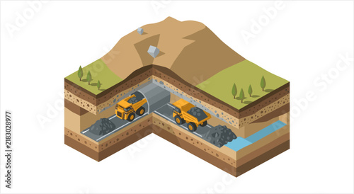 Cross section of mining operation with trucks and resources.