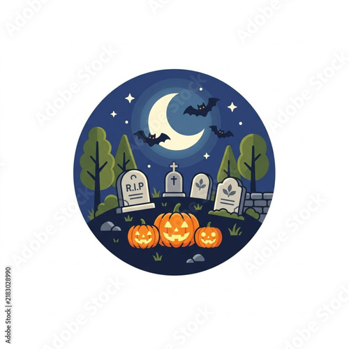 Flat Vector Illustration of a Spooky Halloween Graveyard Scene with Glowing Jack o Lantern Pumpkins Under a Crescent Moon and Bats