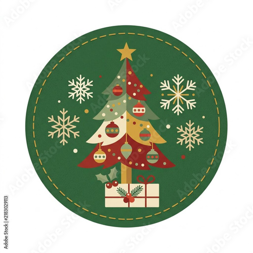 Festive Christmas Tree Illustration with Ornaments and Snowflakes in a Circular Design for Seasonal Holiday Decoration