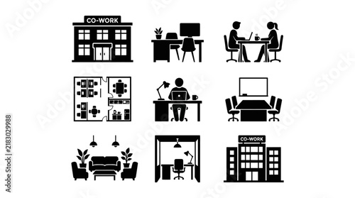 Black and white office building icons.