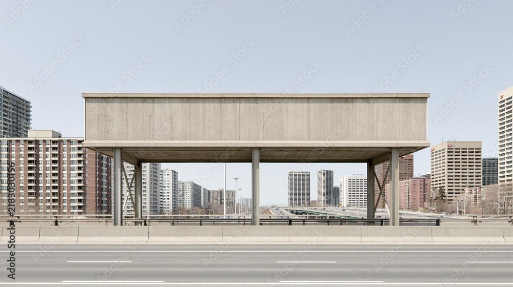Obraz premium Empty concrete billboard on highway with city skyline