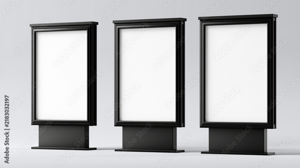 Obraz premium Three black framed advertising boards with white blank