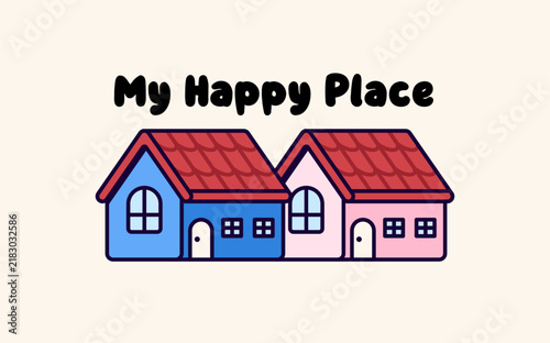 Cartoon houses with red roofs and playful lettering create a cheerful neighborhood scene. Ideal for home, community, family, and real estate concepts.