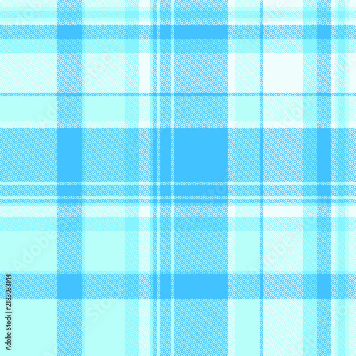 A celebratory tartan plaid pattern with a balanced check structure and cyan and light tones. The seamless textile background recreates a woven fabric look with a natural decorative character.