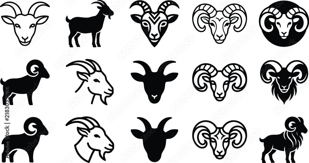 Obraz premium Goat and Ram Head Logo Icon Set with Curled Horns, Silhouette, and Mascot Emblem Symbols for Apps and Branding