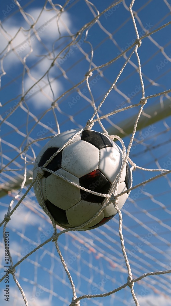 Naklejka premium Black and white soccer ball caught in goal