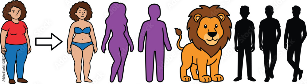 Obraz premium Plus Size Woman Cartoon Character with Body Silhouette, Lion Mascot, and Male Silhouette Set Vector Illustration