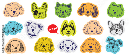 Colorful hand drawn of cute dog face illustrations representing different breeds, designed as pet stickers, icons, badges, and decorative elements for animal lovers and creative projects.
